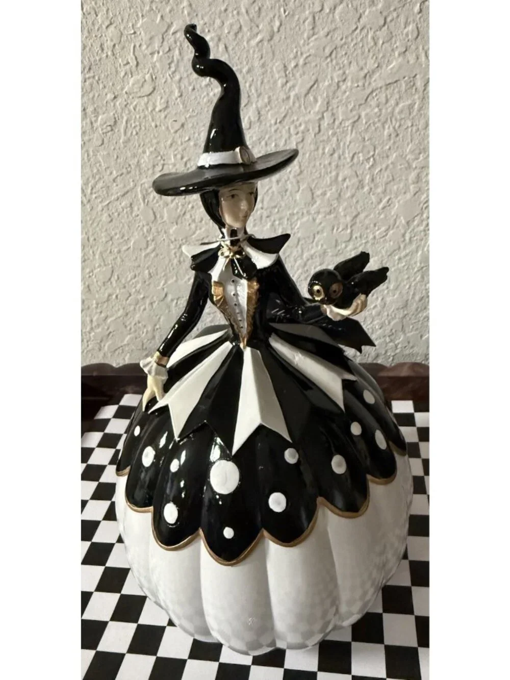 TikTok Bella Lux Halloween Witch Figurine Pumpkin Owl Black Polka Dot 10